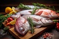 Fresh sea fish on cutting board with herbs and spices on dark background. Healthy food concept. Close-up photography. Generative Royalty Free Stock Photo