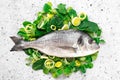 Fresh sea fish dorado on green herbs and spices - preparing for cooking on white background. The concept of healthy food Royalty Free Stock Photo