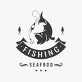 Fresh sea fish restaurant vector logo. Black silhouette fish grabbing hook spoon.