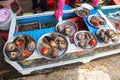 Fresh sea foods on the plates next to beach Royalty Free Stock Photo