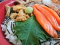 Fresh sea treasure Japanese raw rice bowl Salmon sea urchin Royalty Free Stock Photo