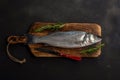Fresh seabass fish with rosemary and knife on black table. Seafood concept