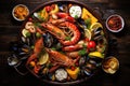 fresh seafood arranged around the paella pan