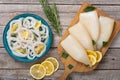 Squid rings and tubes with lemon Royalty Free Stock Photo