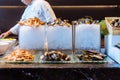 Fresh Seafood buffet line including Alaska king crab, Shrimp, Lobster, Oyster and Perna viridis Royalty Free Stock Photo