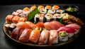 Fresh seafood collection, sushi plate with variety generated by AI