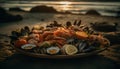 Fresh seafood cooked on a grill, a gourmet summer appetizer generated by AI