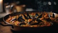 Fresh seafood cooked in a paella pan, a gourmet meal generated by AI