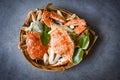 Fresh seafood crab on wooden Steamed cooking food in the restaurant, Blue Swimming Crab ocean gourmet with herb and spices, top