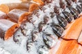 Fresh seafood on crushed ice at fish market. Raw dorado, seabass and salmon fillet on display counter at store. Fish filleting Royalty Free Stock Photo