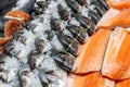 Fresh seafood on crushed ice at fish market. Raw dorado, seabass and salmon fillet on display counter at store. Fish filleting Royalty Free Stock Photo