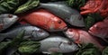 Fresh Seafood Display: Fish and Shrimps with Vibrant Vegetables on Ice.