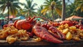 Fresh seafood display with lobster and crab at tropical beach market under palm trees Royalty Free Stock Photo