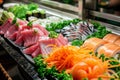 fresh seafood display with tuna, salmon, and eel for sushi Royalty Free Stock Photo