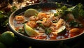 Fresh seafood, gourmet meal, healthy eating, lemon, lime, cooked fish generated by AI