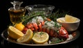 Fresh seafood and grilled fish on a lemon lime plate generated by AI Royalty Free Stock Photo