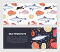 Fresh seafood horizontal banners set. Restaurant or fish market advertising, poster, card, packaging design vector Royalty Free Stock Photo