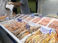 Fresh seafood on ice at the fish market. Isla Cristiina market, Huelva, Spain.