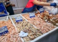 Fresh seafood on ice at the fish market. Isla Crsitina market, Huelva, Spain.