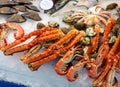 Fresh seafood on ice in a market fishmonger\'s shop