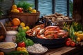 fresh seafood ingredients displayed before cooking paella outdoors