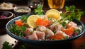 Fresh seafood meal gourmet fish fillet, lemon slice, healthy salad generated by AI Royalty Free Stock Photo