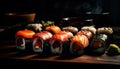 Fresh seafood meal on plate maki sushi, sashimi, and nigiri generated by AI