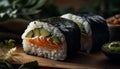 Fresh seafood meal on plate with rice, maki sushi, and nori generated by AI Royalty Free Stock Photo