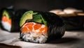 Fresh seafood meal, rolled up in nori, with healthy rice generated by AI