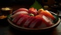 Fresh seafood meal: sashimi, nigiri, maki sushi, tuna, and avocado generated by AI