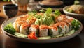 Fresh seafood meal sushi, sashimi, salad, rice, avocado, ginger generated by AI Royalty Free Stock Photo