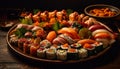 Fresh seafood meal on wooden plate sushi, sashimi, prawn, avocado generated by AI