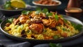 Fresh seafood paella with saffron rice, grilled chicken and vegetables generated by AI