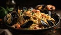 Fresh seafood pasta cooked with mussels, prawns, and linguini generated by AI Royalty Free Stock Photo