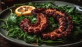 Fresh seafood plate with grilled octopus, lemon, and green vegetables generated by AI