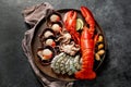 Fresh seafood on a plate. Lobster, shellfish, prawns