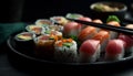 Fresh seafood plate maki sushi, nigiri, sashimi generated by AI