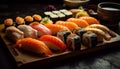 Fresh seafood plate Maki sushi, nigiri, sashimi generated by AI