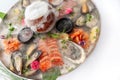 Fresh seafood plate with mussels, oysters, scallop and tuna