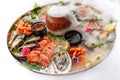 Fresh seafood plate with mussels, oysters, scallop and tuna