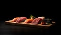 Fresh seafood plate: sashimi, nigiri, maki sushi generated by AI Royalty Free Stock Photo