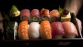 Fresh seafood plate: sashimi, nigiri, maki sushi generated by AI Royalty Free Stock Photo