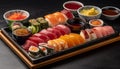 Fresh seafood plate with sashimi, nigiri, and maki sushi variations generated by AI Royalty Free Stock Photo