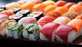 Fresh seafood plate, sushi rolls, healthy Japanese meal generated by AI