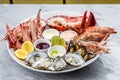 Fresh seafood platter with lobster, mussels and oysters Royalty Free Stock Photo