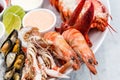 Fresh seafood platter with lobster, mussels and oysters Royalty Free Stock Photo