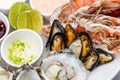 Fresh seafood platter with lobster, mussels and oysters Royalty Free Stock Photo