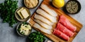 Fresh seafood preparation with ingredients featuring cod and tuna for culinary Royalty Free Stock Photo