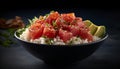 Fresh seafood risotto bowl with avocado, tomato, and parsley garnish generated by AI