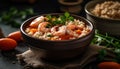 Fresh seafood risotto with prawns, tomato, and cilantro garnish generated by AI